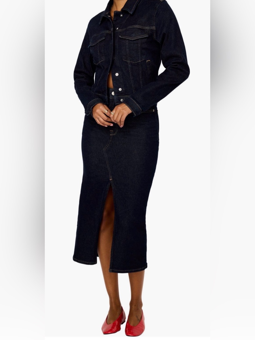 Good American Front Slit Denim Midi Skirt Indigo Dark Blue Wash Size 00 NWT